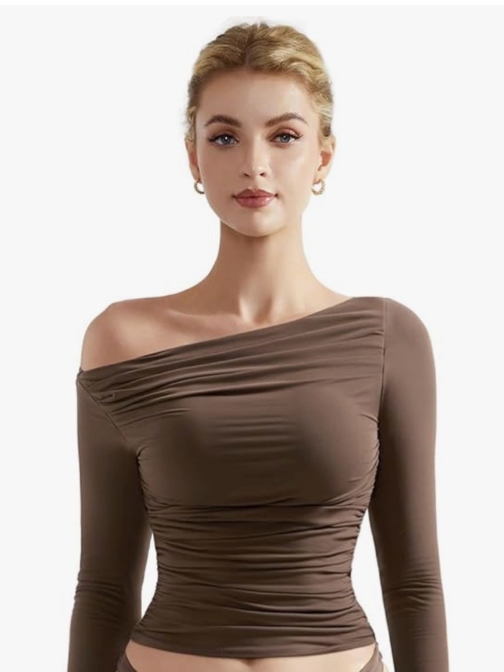 Ruched Off-Shoulder Long Sleeve Top in Dark Brown